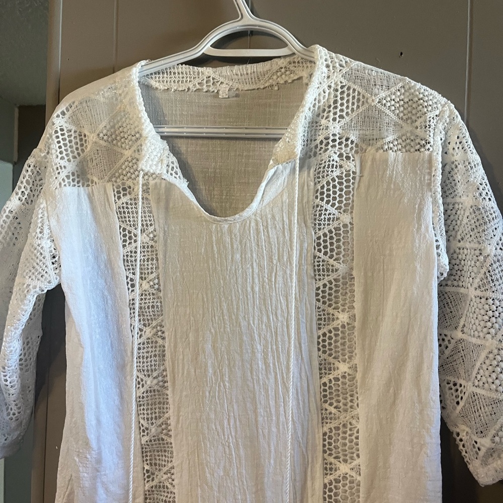 Women's white Lace Stitching V-Neck 3/4 Sleeve T-Shirt